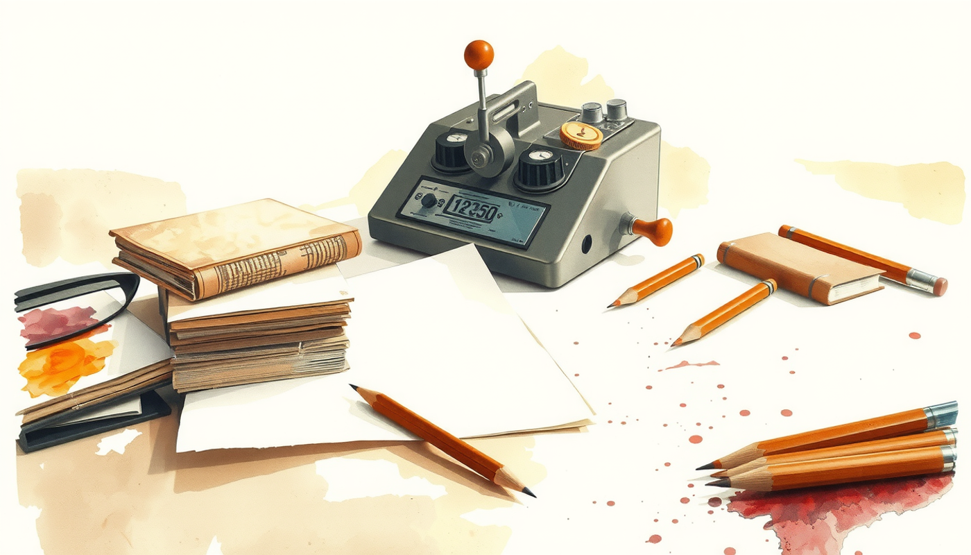 A vintage photograph-style illustration of an old mechanical scoring machine from the 1950s era, with stacks of blank paper and wooden pencils arranged around it on a desk, warm sepia tones, archival scientific illustration style, no text, no people or faces or hands