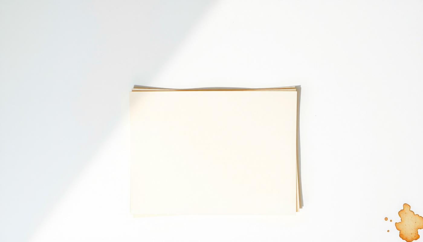 Empty 1890s wooden tabletop with cream cards and linen cloth.