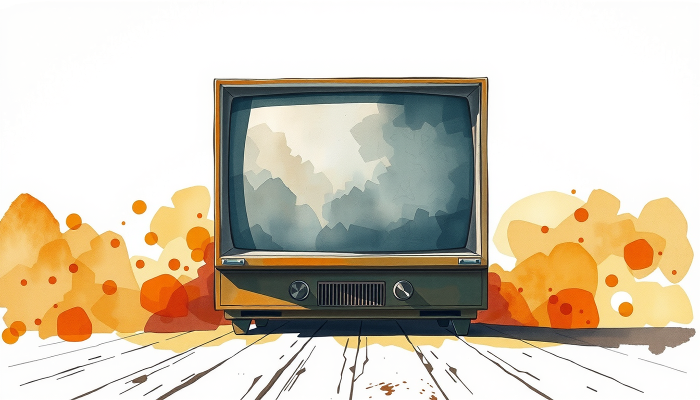 Old dusty cathode ray tube TV on bare wooden floor.