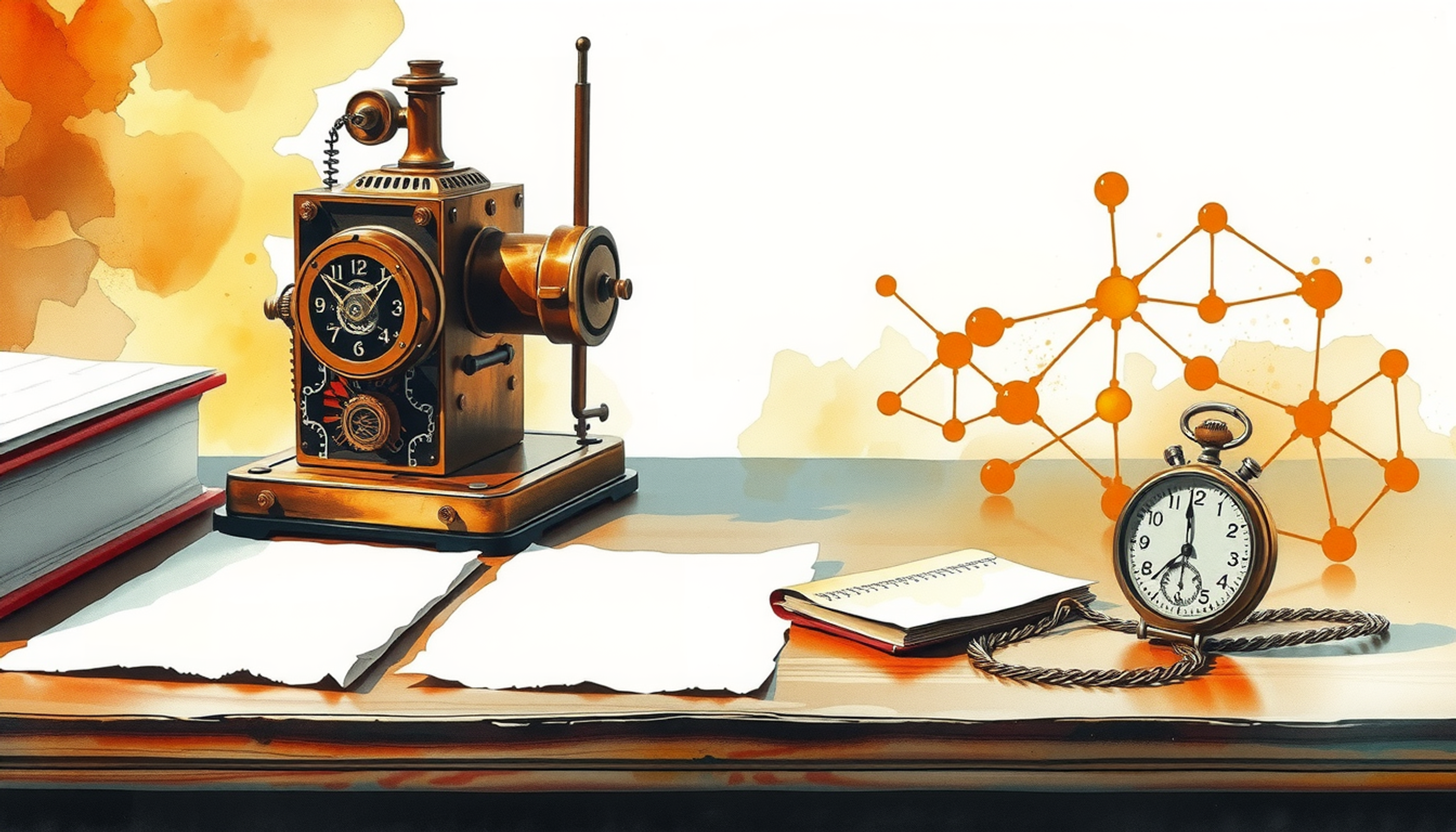 Vintage brass Turing machine merging into a glowing neural network.