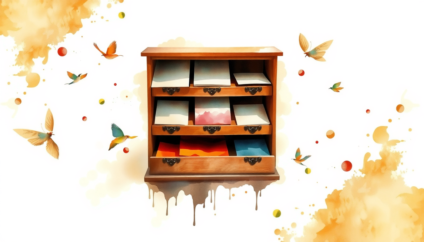 Vintage wooden box with colorful cards in a warm study setting.