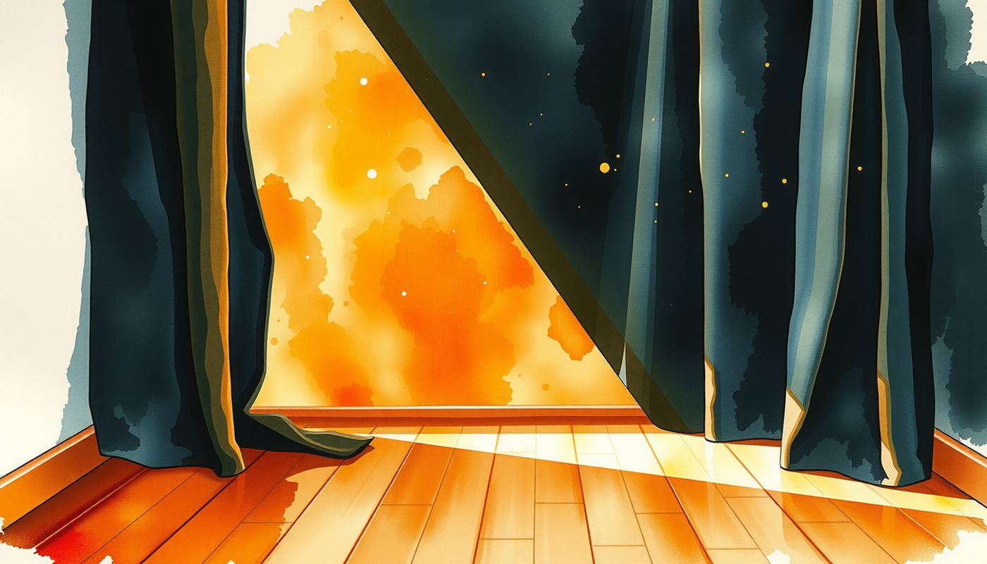 Warm light streaming through curtains onto a polished wooden floor.