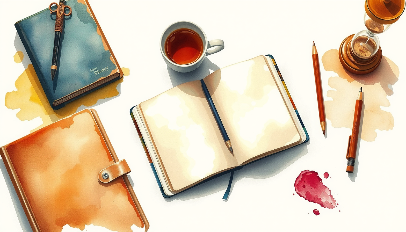 Warm wooden desk at dusk with tea, notebook, and hourglass.