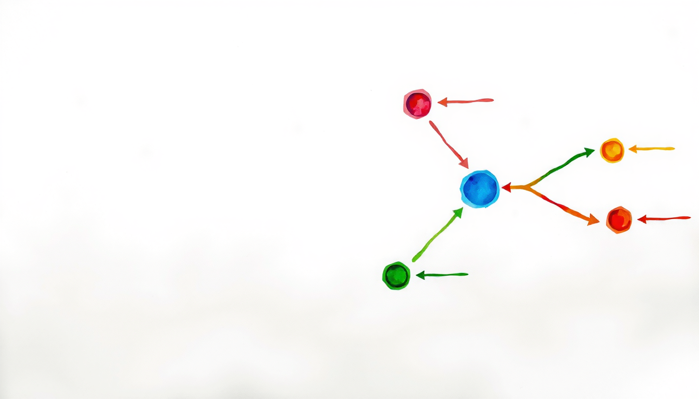 Clean whiteboard featuring colorful arrows and circles in a flowchart pattern.