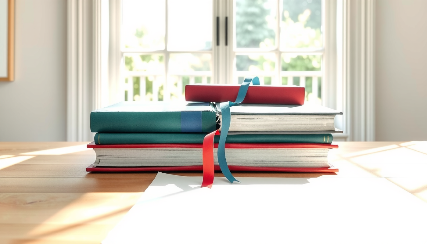 Four hardcover academic volumes in muted colors on a wooden desk.