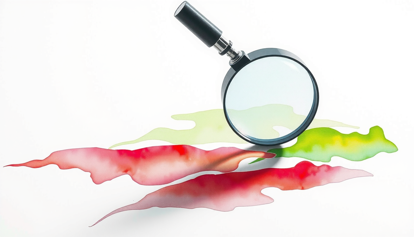 Magnifying glass over glowing green and pulsing red streaks, symbolizing distortion.