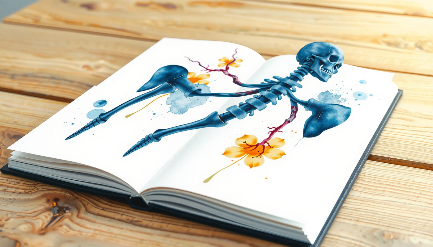 Open anatomy atlas on a wooden table with glowing 3D structures.