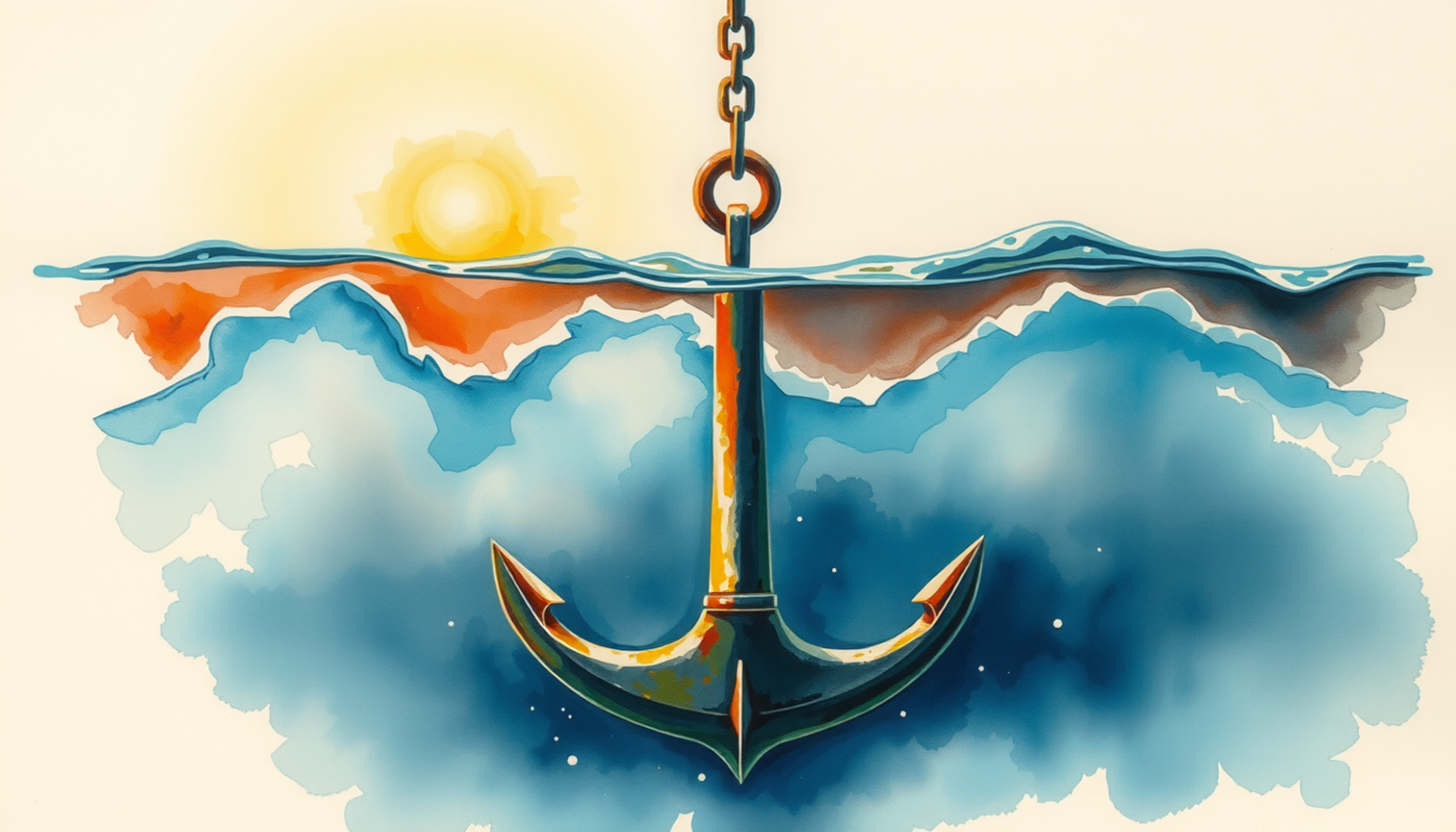 Heavy iron anchor in deep blue-green water with drifting sediment.