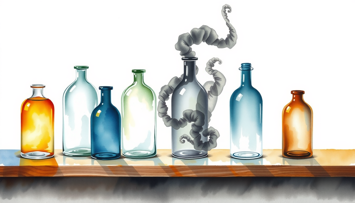Antique glass apothecary bottles on a wooden shelf, softly lit.