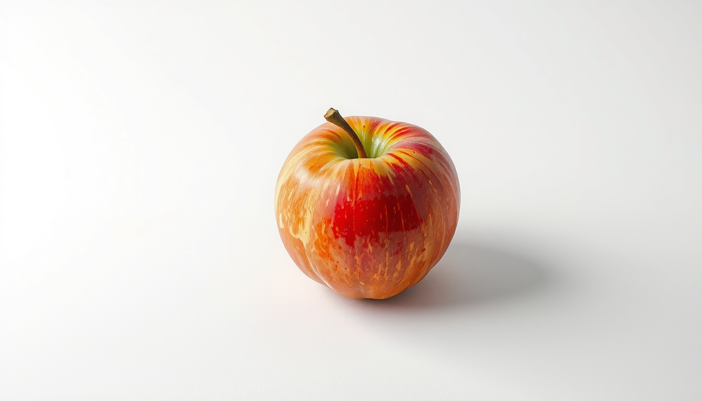 Ripe red apple on wood, half in focus, minimalist style.