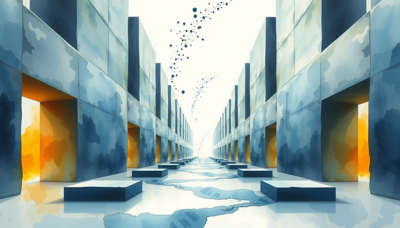 Dark hall with glowing stone blocks and drifting blue particles.