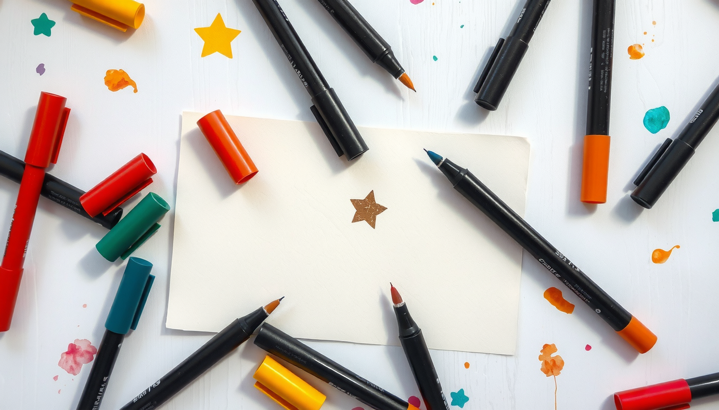 Scattered colorful felt-tip markers on a pale wooden surface.
