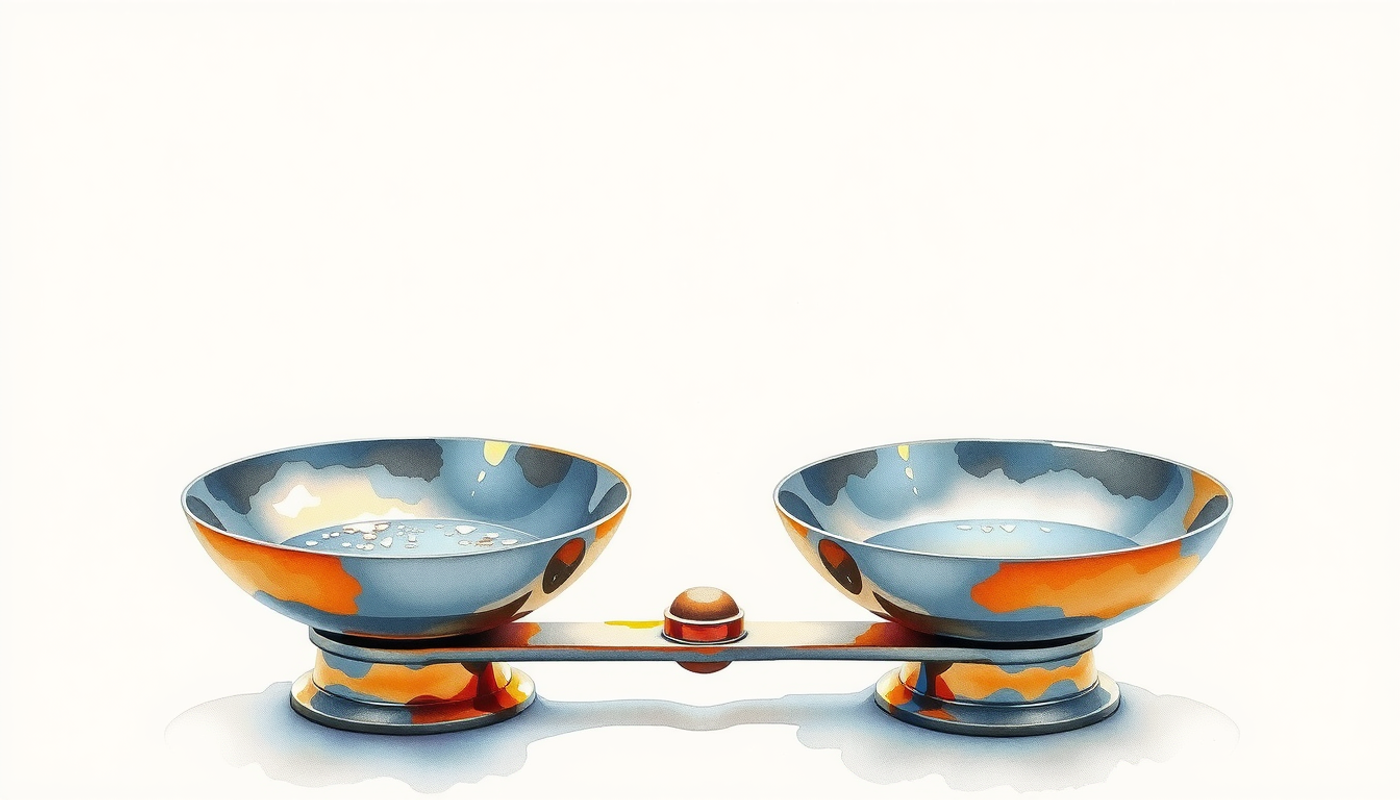 Classical two-pan balance scale with luminous particles on a gradient background.