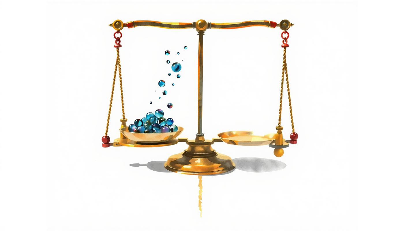 Old brass balance scale with indigo glass beads and empty weight space.