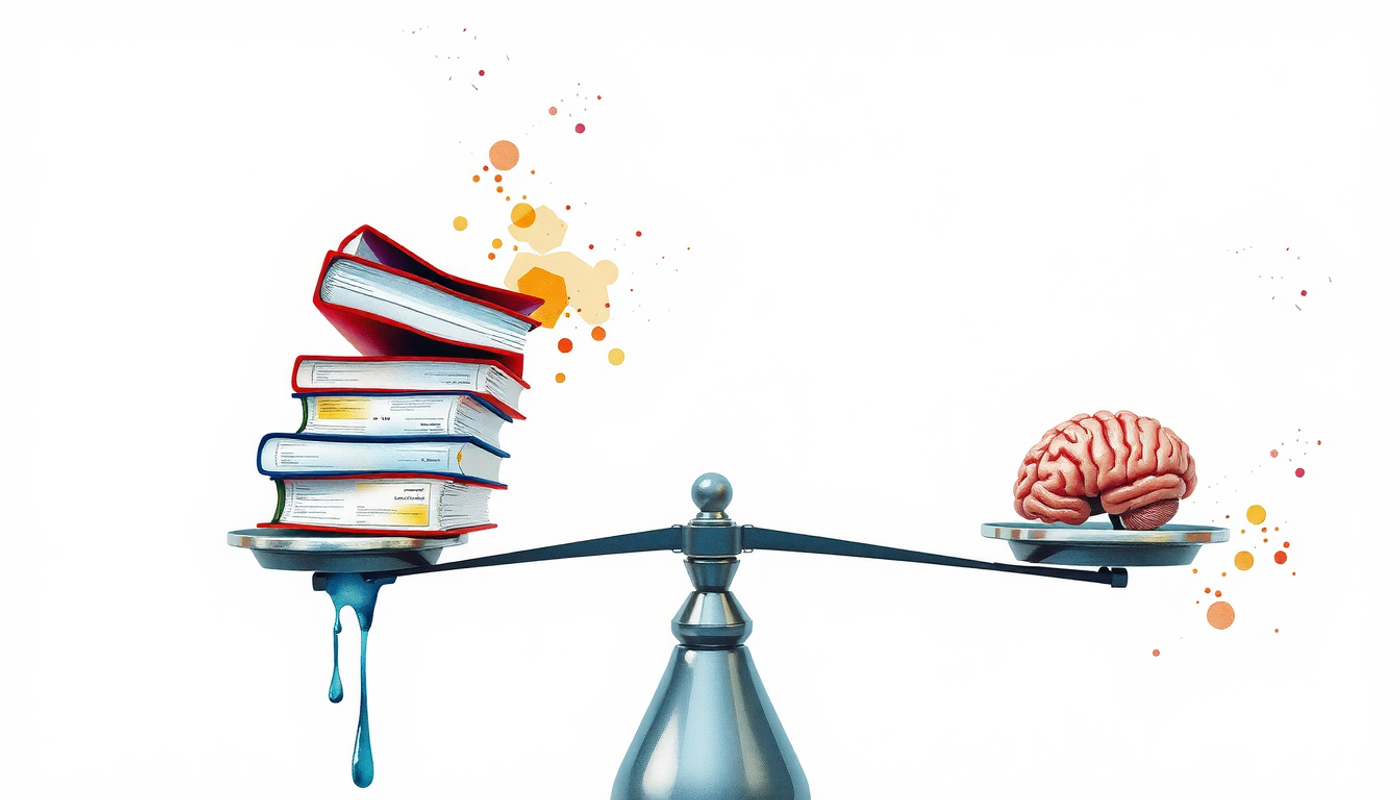 Brushed metal balance scale with books and brain model.