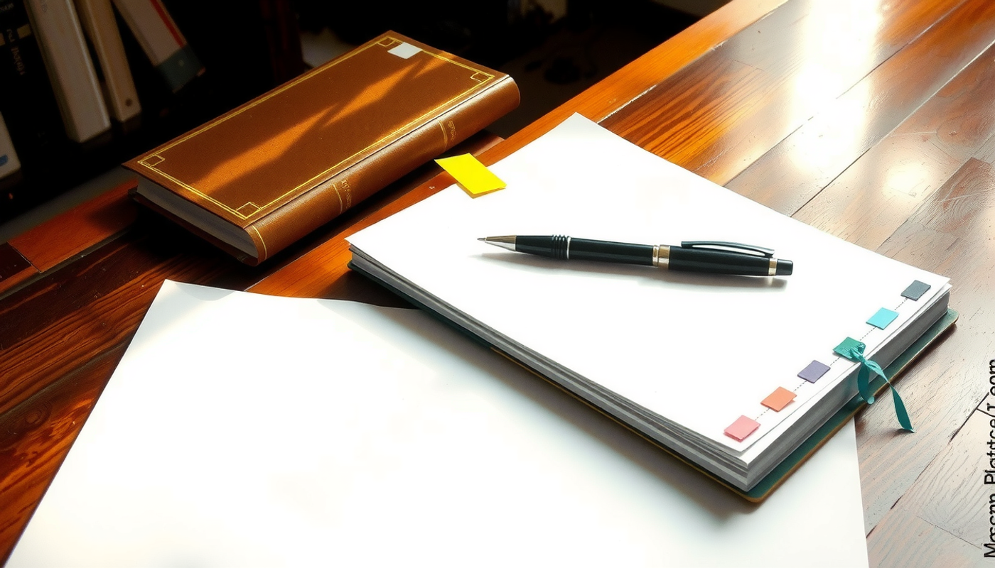 Thick hardcover book with colorful tabs beside blank paper and pen.