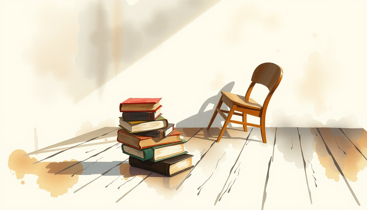 Well-worn hardback books stacked on wooden floor with soft shadows.