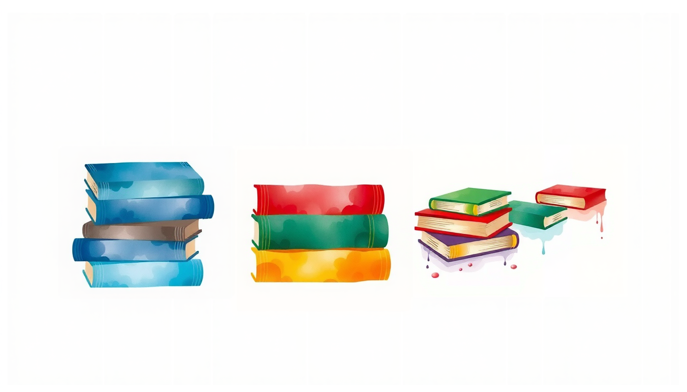 Three colorful book stacks arranged neatly and scattered creatively.