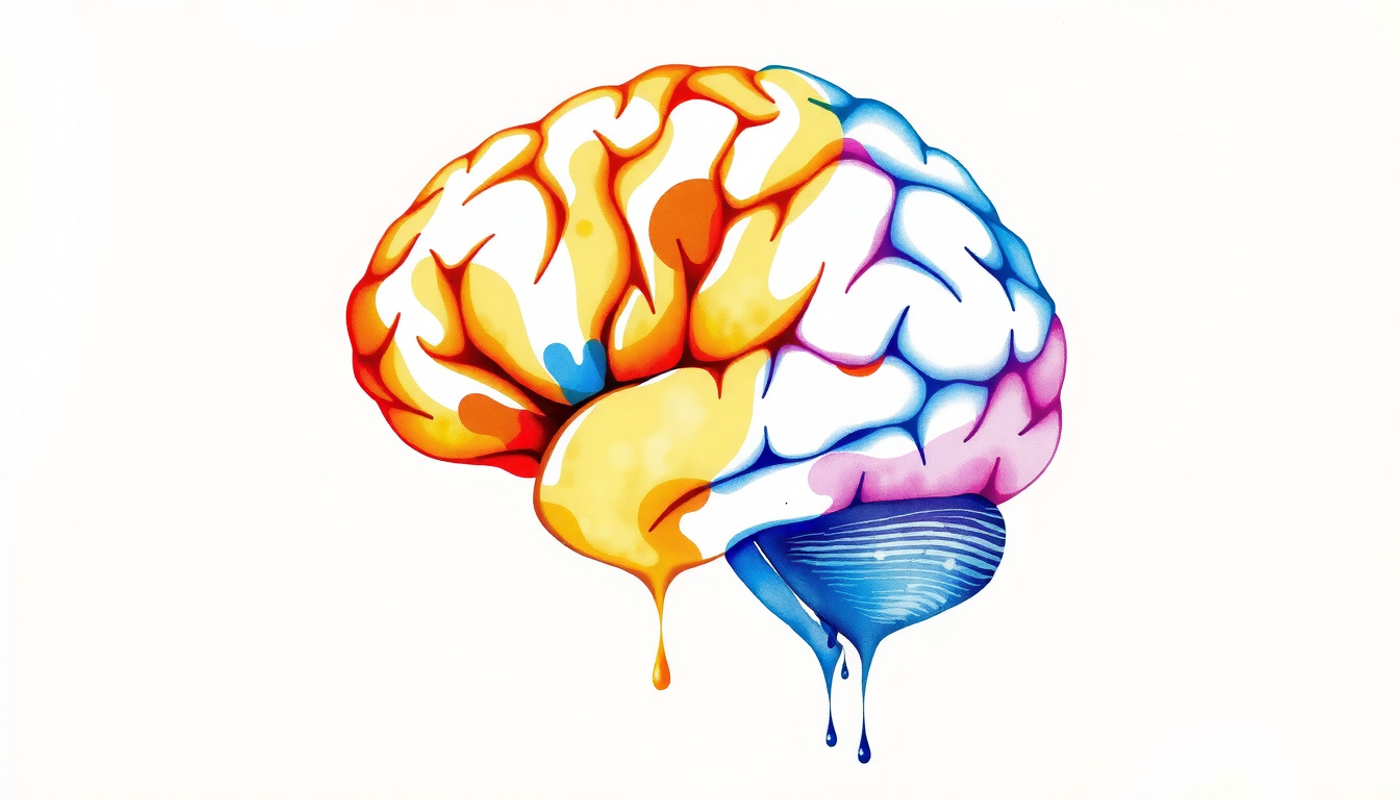 Watercolor brain scan with overlapping activation maps for processing.