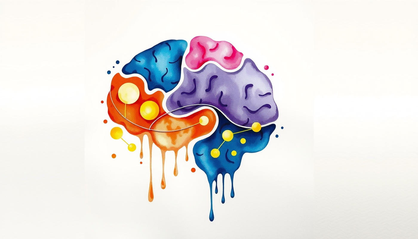 Cross-section of a brain highlighting four neural mechanisms in vibrant colors.