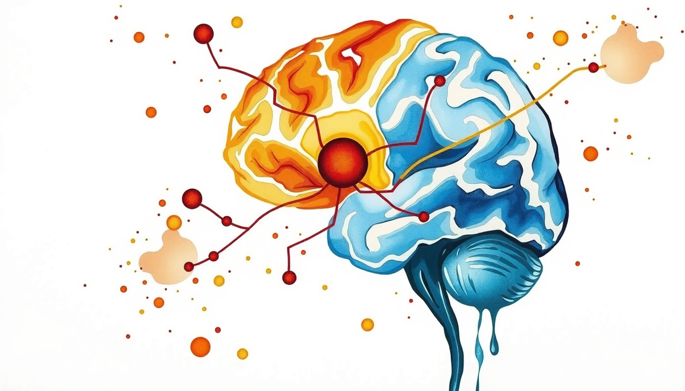 Watercolor brain cross-section highlighting prefrontal cortex and hippocampus connections.