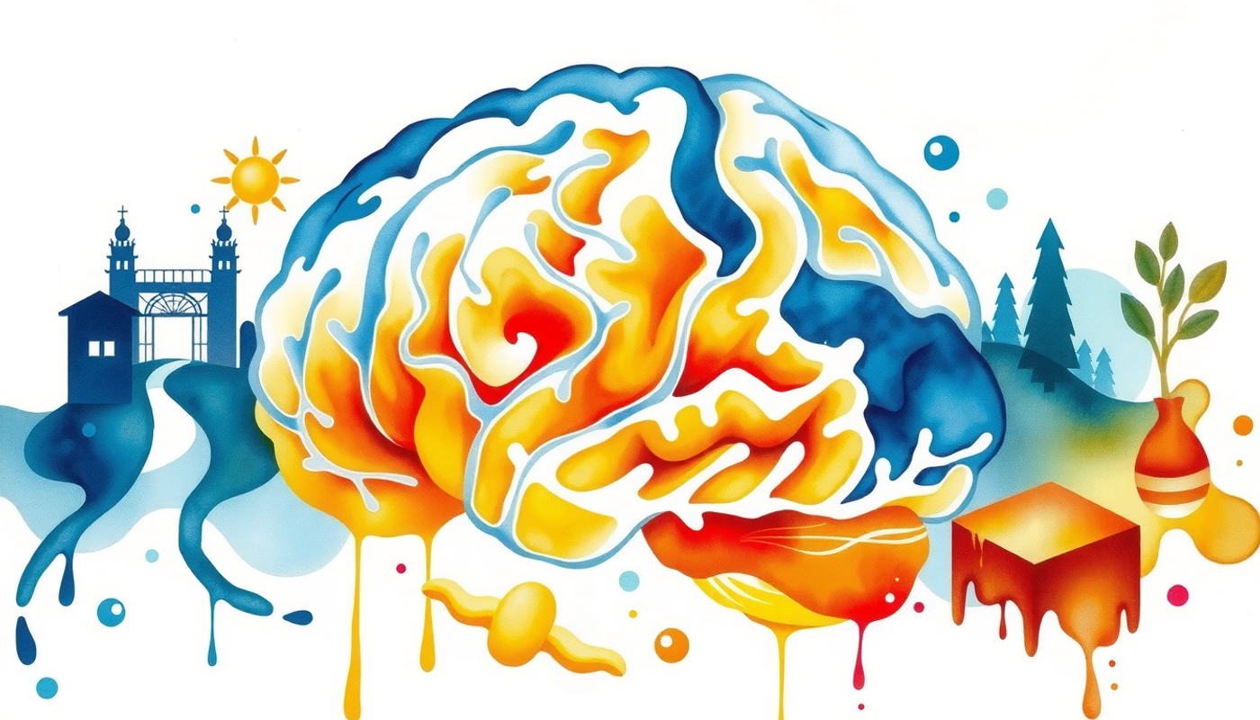 Translucent brain with highlighted hippocampus and prefrontal cortex, surrounded by scenes.