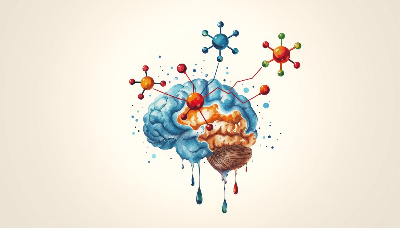 Molecular structures above a glowing brain cross-section in vibrant colors.