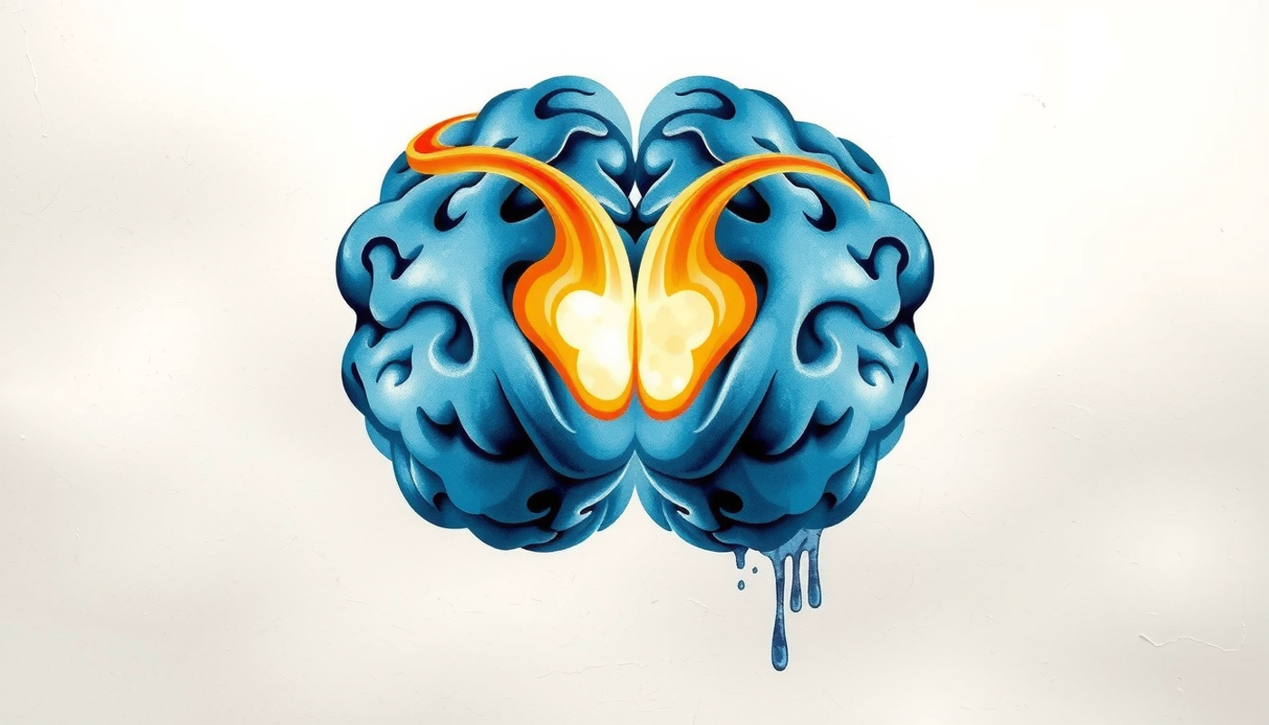 Side view of brain diagram highlighting orange and blue neural pathways.