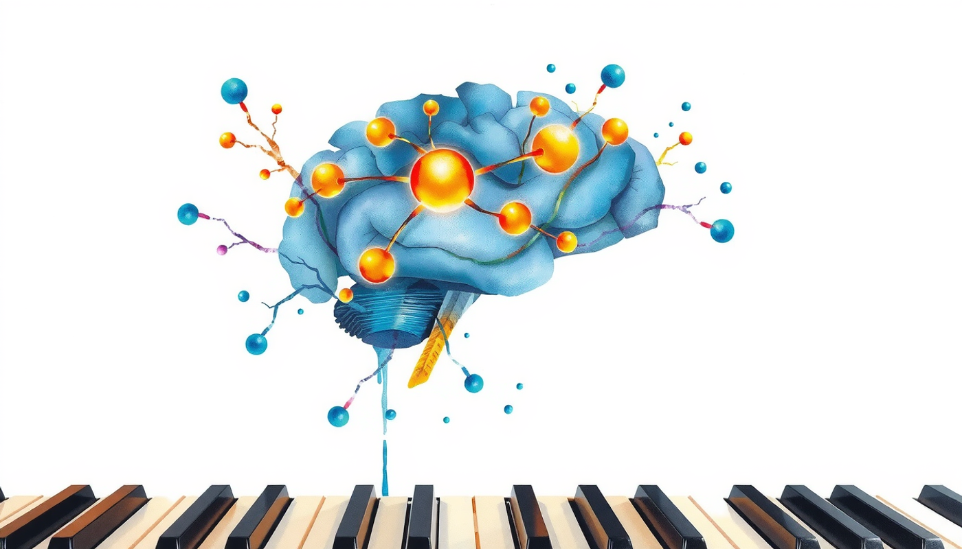 Translucent brain above piano keyboard with glowing neural pathways.
