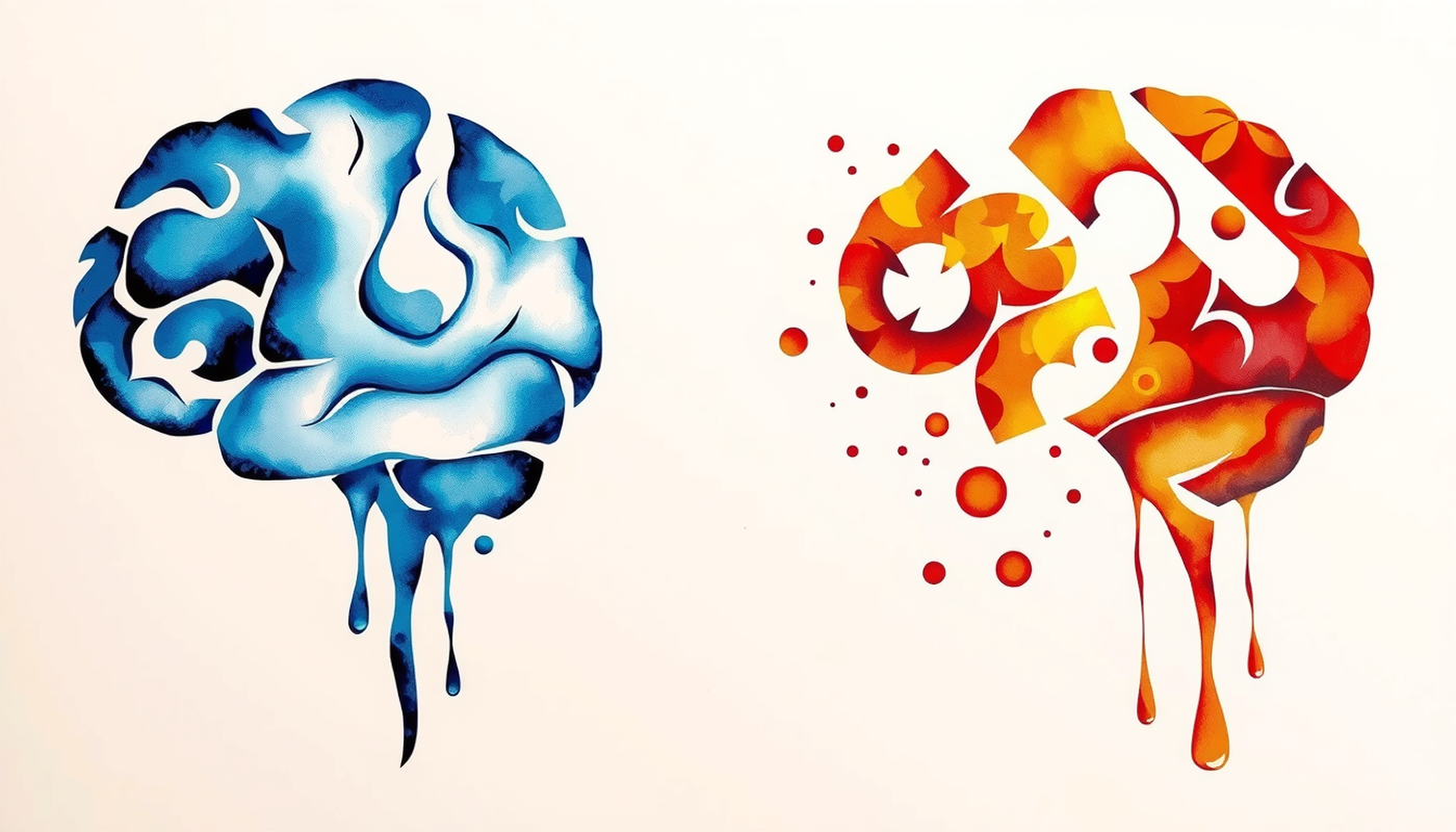Contrasting brains: one calm and healthy, the other stressed and fragmented.