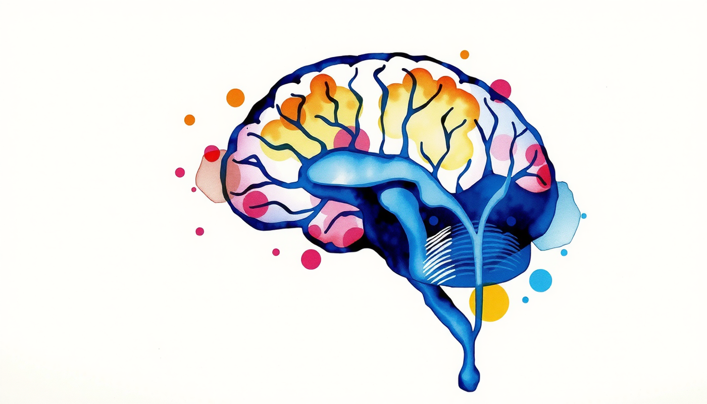 Cross-section of brain highlighting glowing indigo striatum and neural pathways.