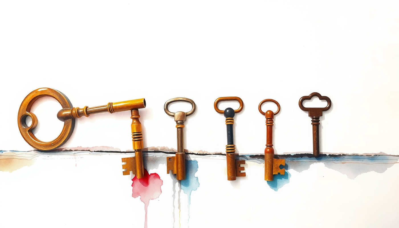 Five small brass keys on a worn wooden surface in soft light.