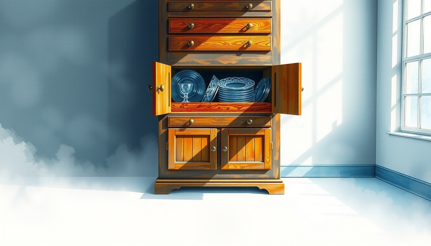 Narrow wooden drawers with open compartments holding clear glass plates.