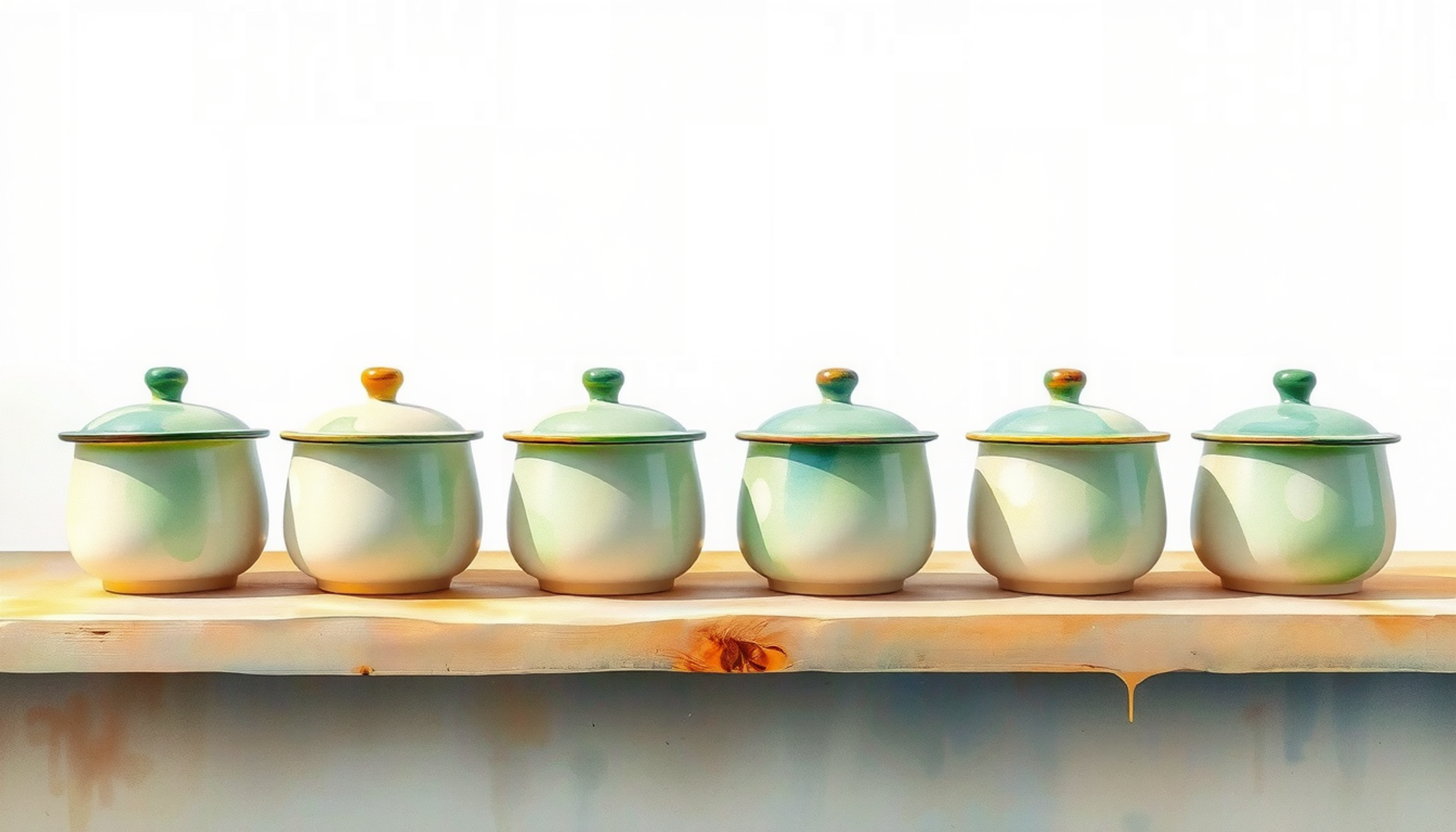 Seven identical ceramic lidded pots on a wooden shelf by a window.