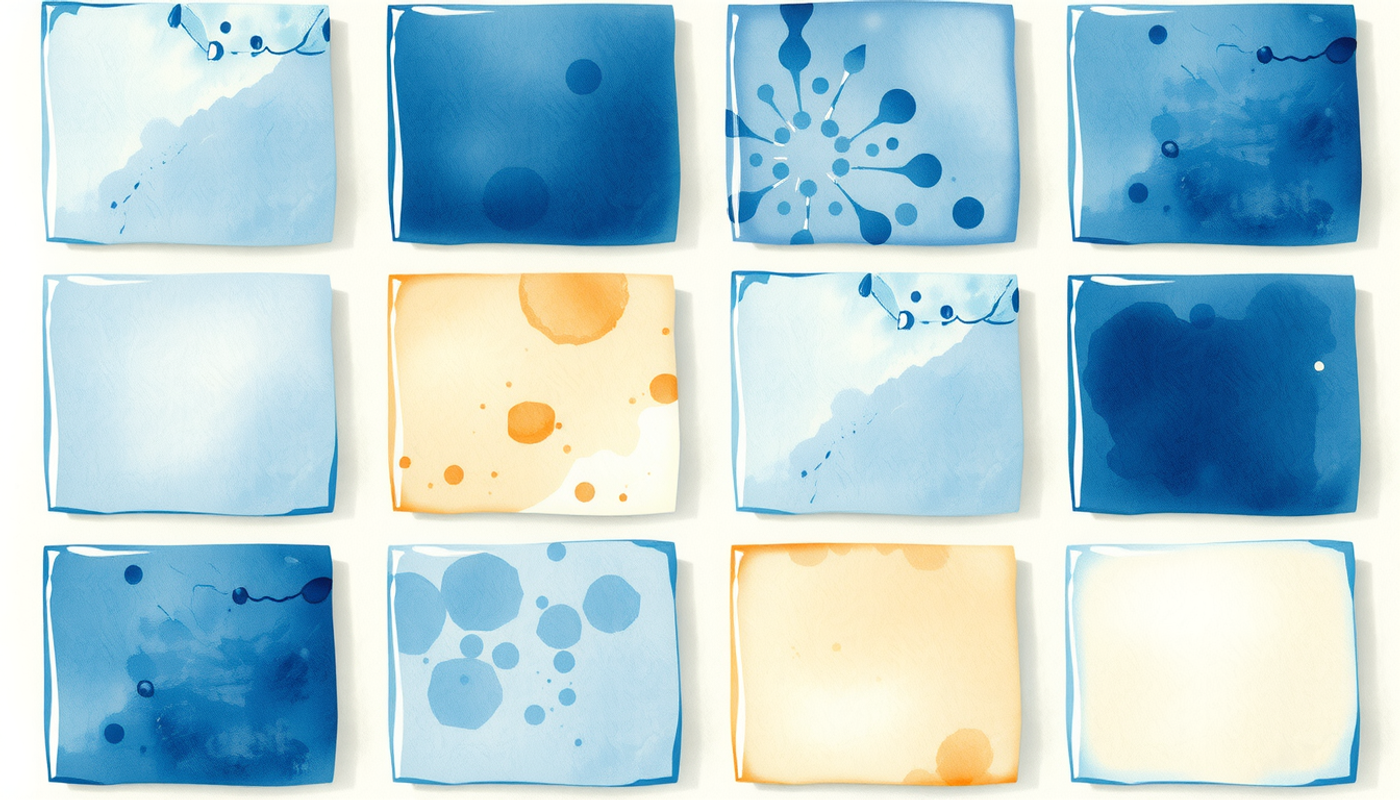 Ceramic tile grid in blue and cream on linen surface.