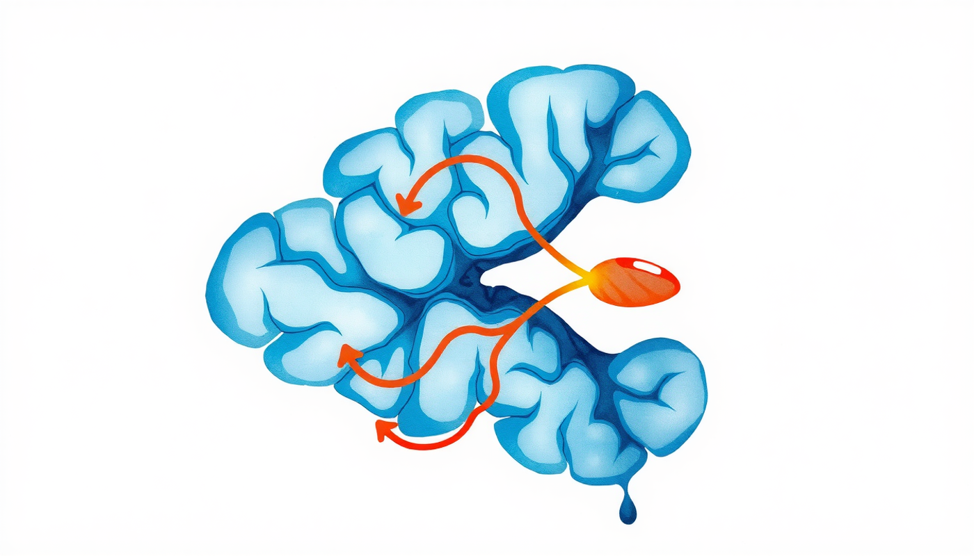 Cross-section of cerebellum in soft blues with highlighted nucleus.