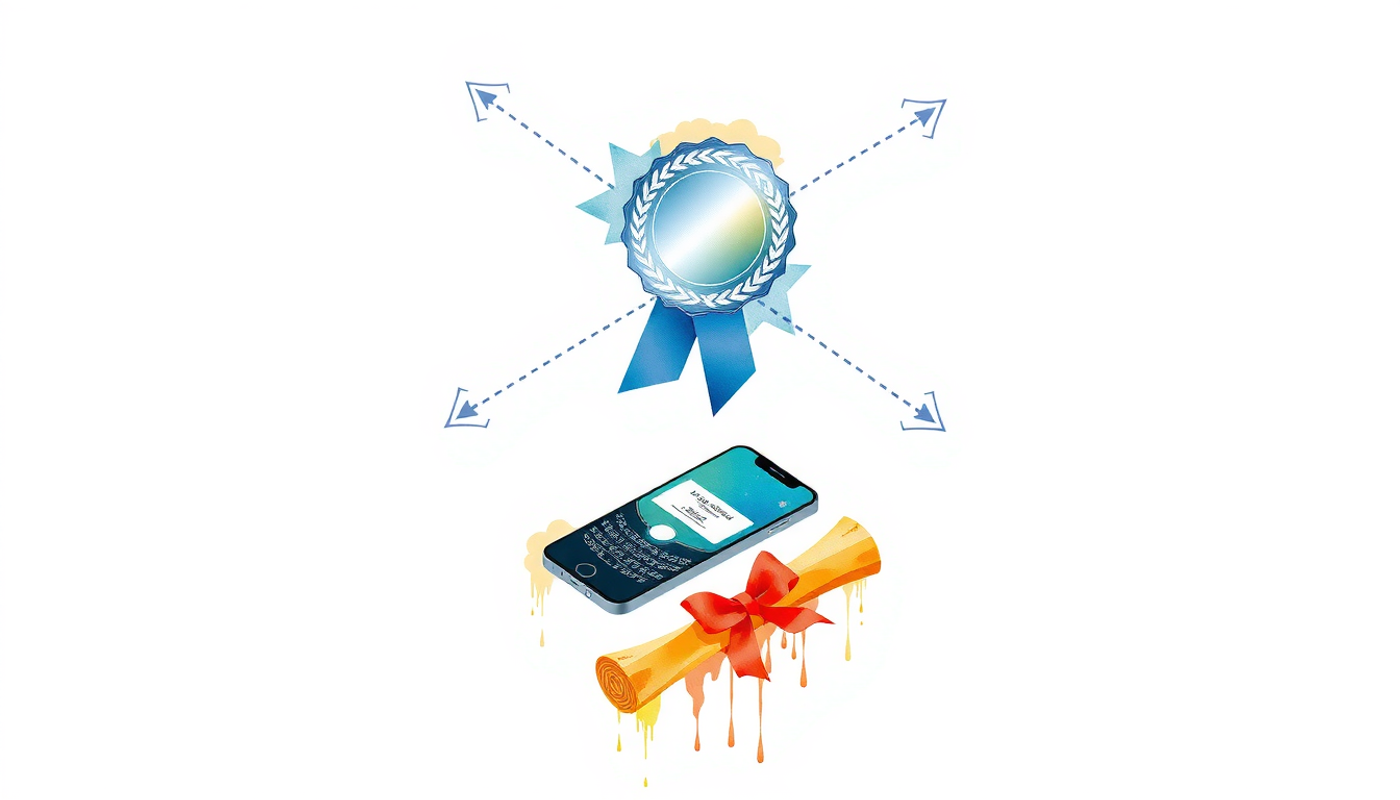 Certification badge above smartphone and diploma, connected by dotted arrows.
