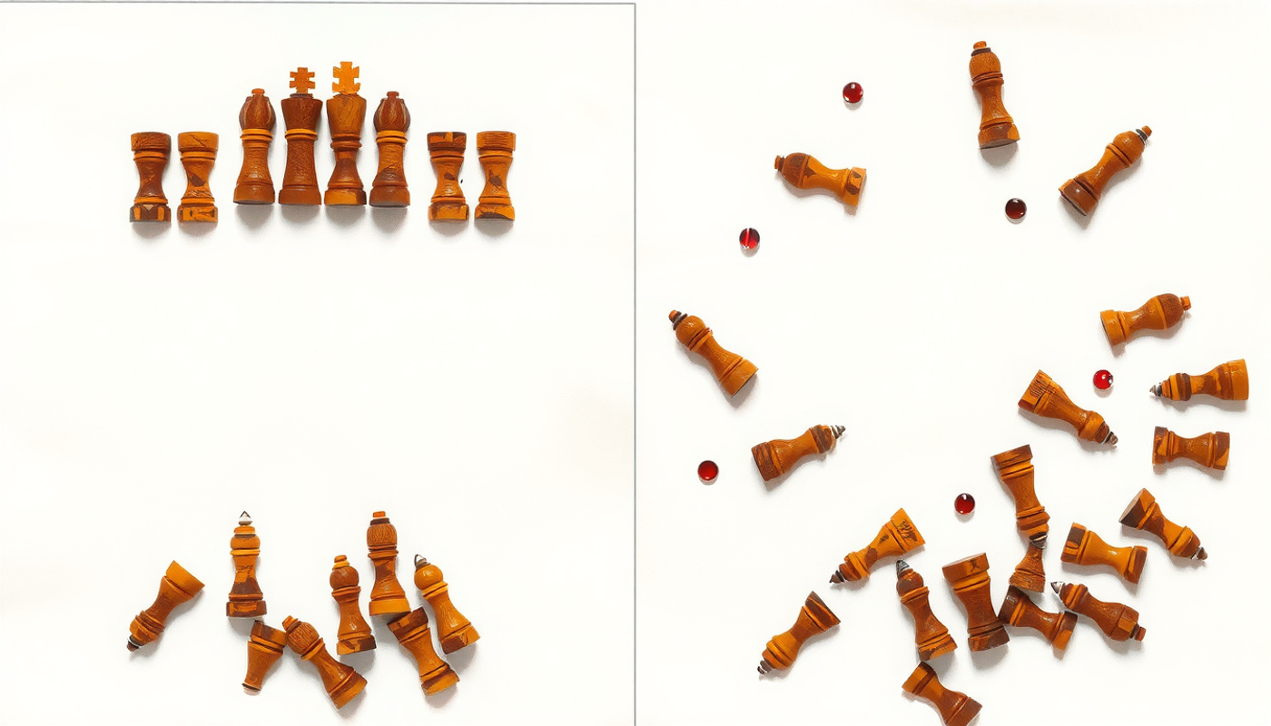 Two identical wooden chessboards with glowing clusters of pieces.