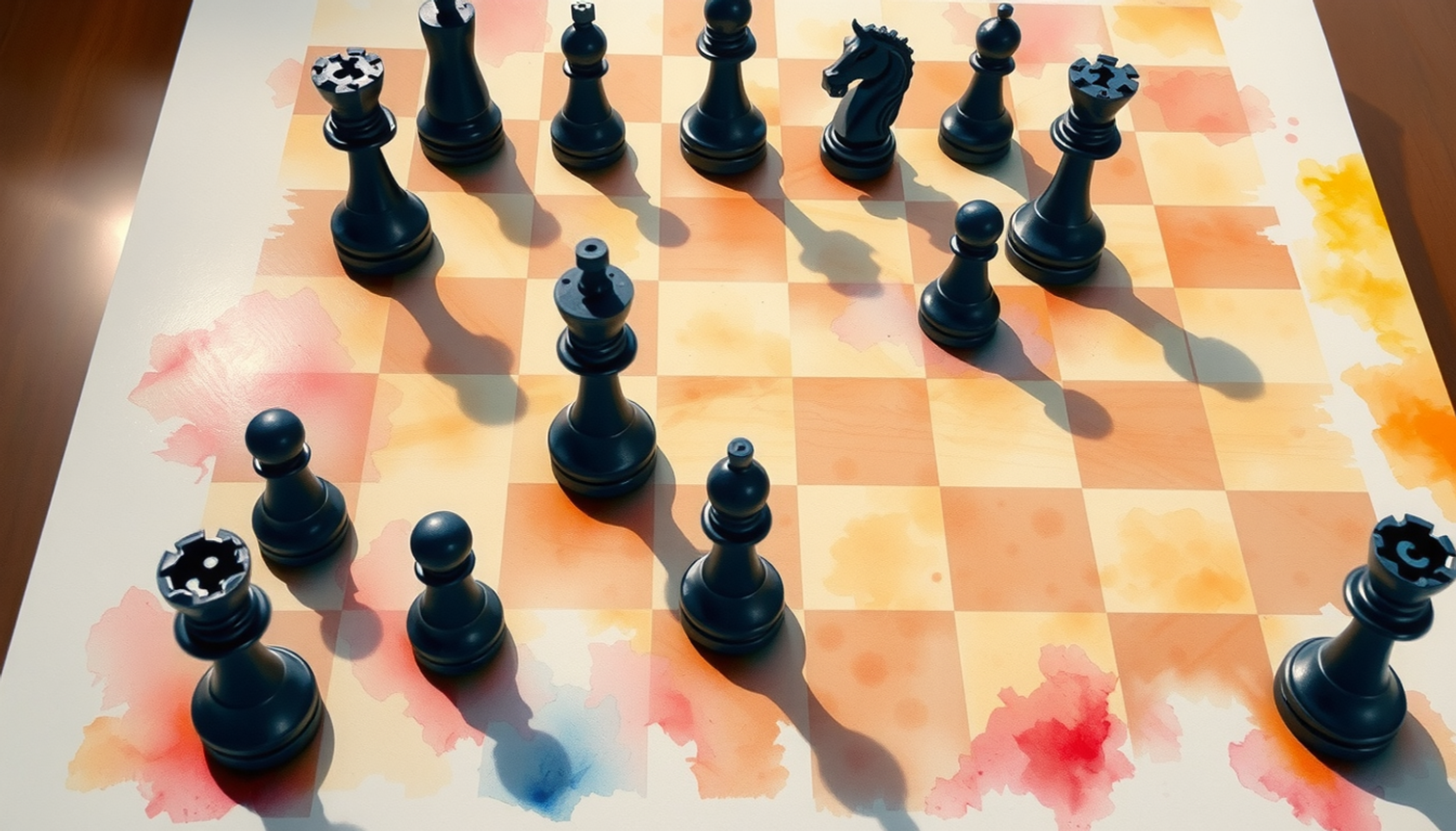 Chessboard mid-game with dramatic shadows and glowing piece connections.