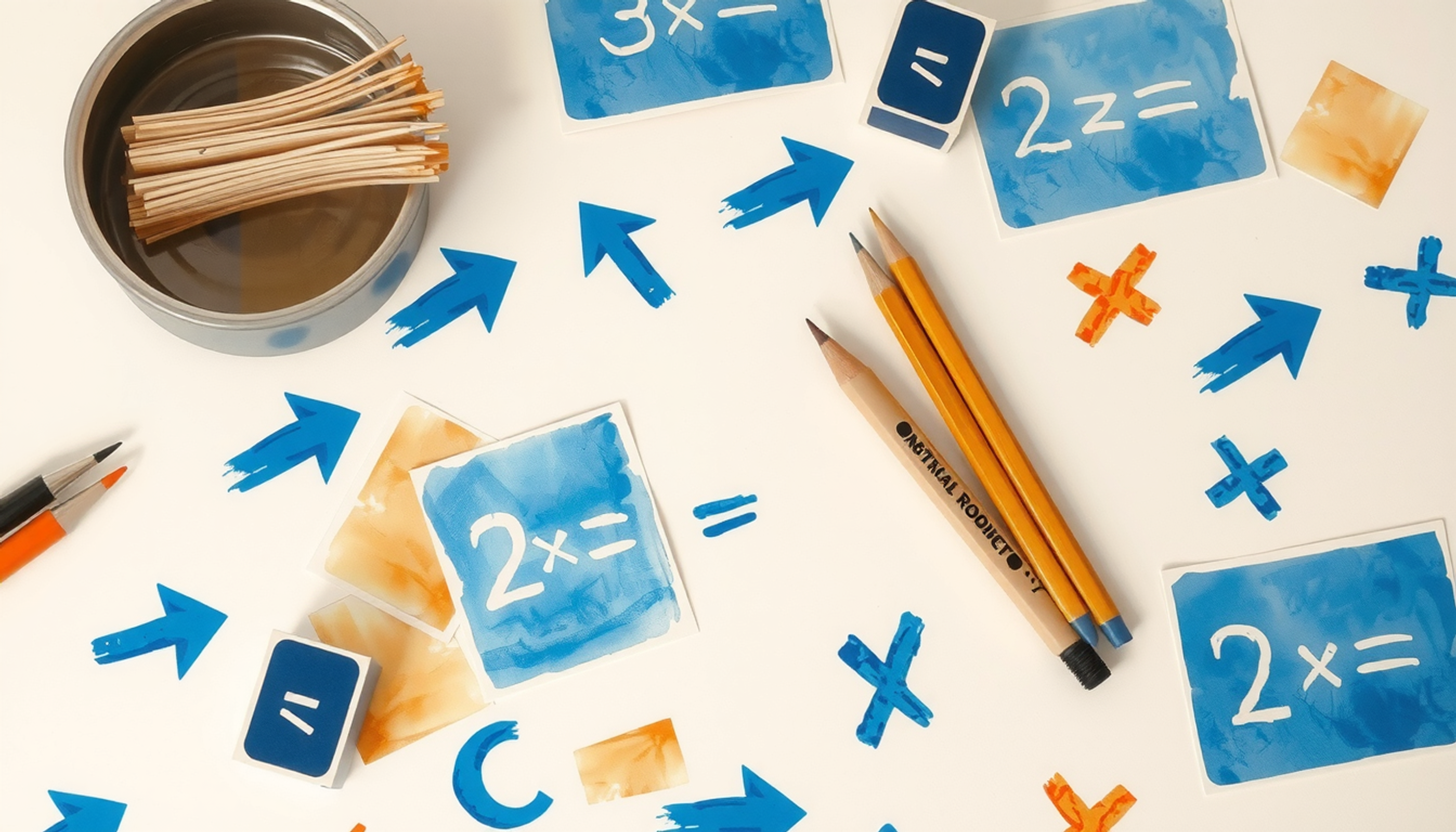 Overhead view of a classroom desk with math cards and arrows.