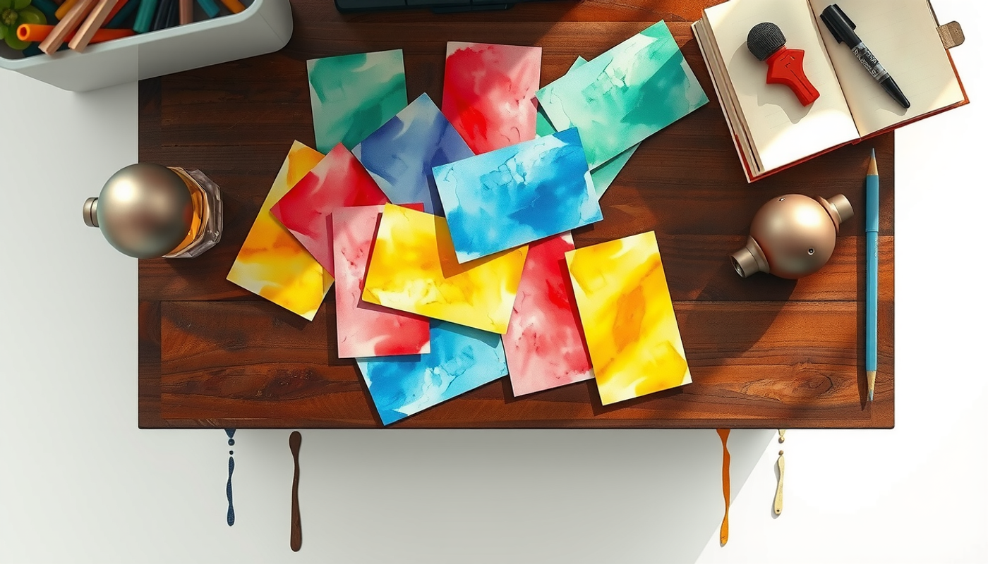 Colorful study cards in a jumble on a dark desk.