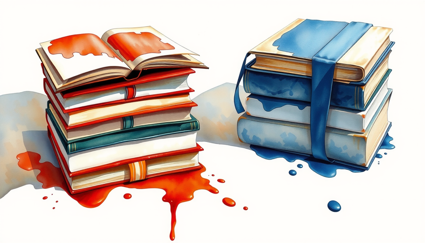 Contrasting stacks of worn and pristine books on desks.