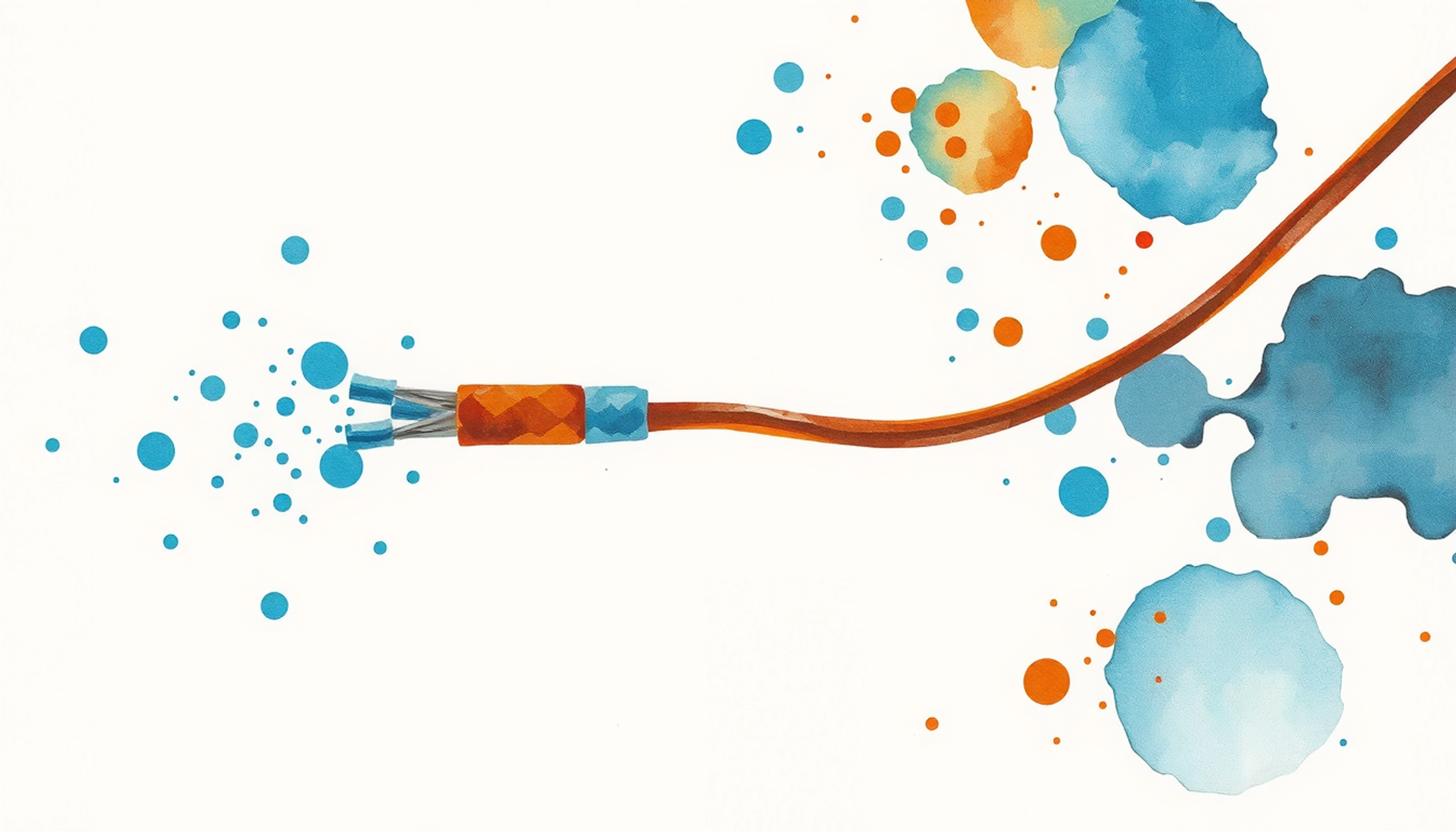 Frayed copper cable glowing blue with sound waves in dark space.