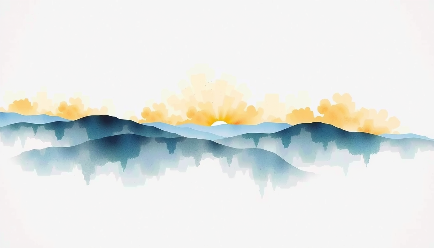 Dense fog blankets empty hills at dawn with soft amber horizon.