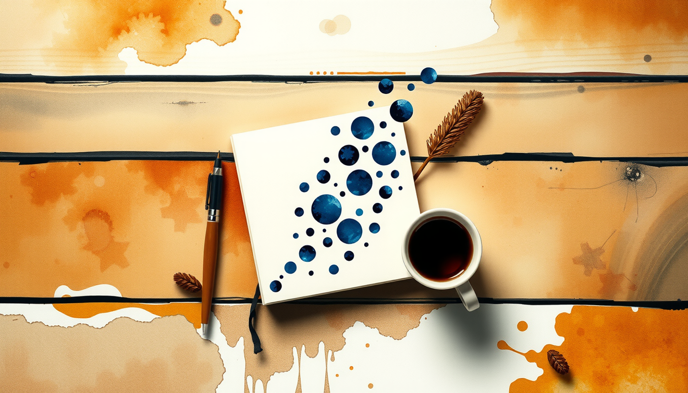 Dark study desk with notebook, cold tea, and glowing indigo dots.