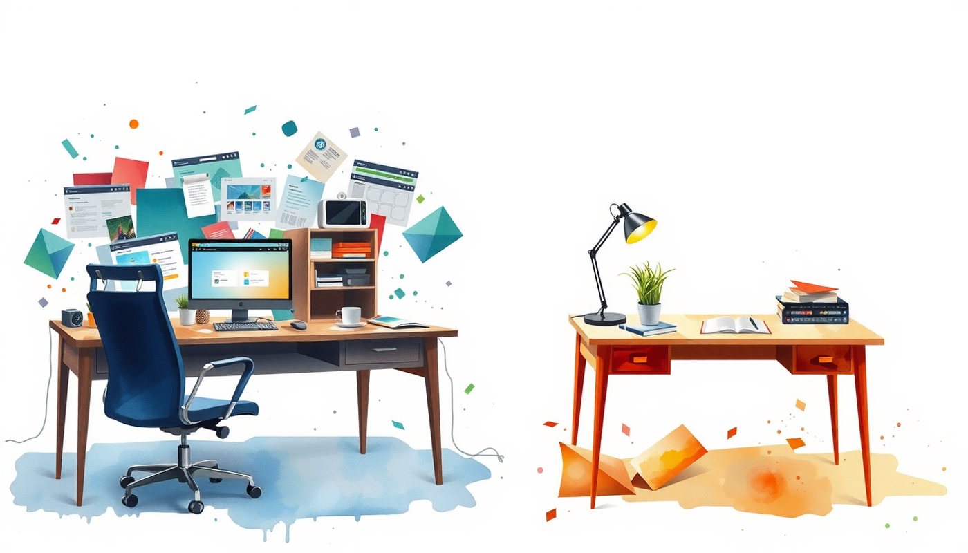 Cluttered digital desk versus minimalist analog workspace in soft colors.