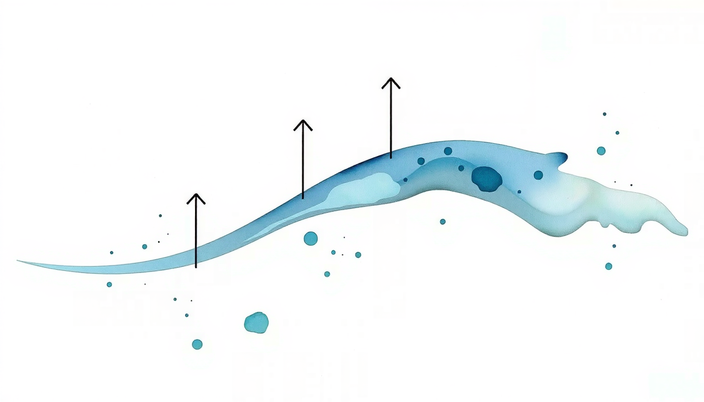 Downward sloping curve with upward correction marks on cream background.