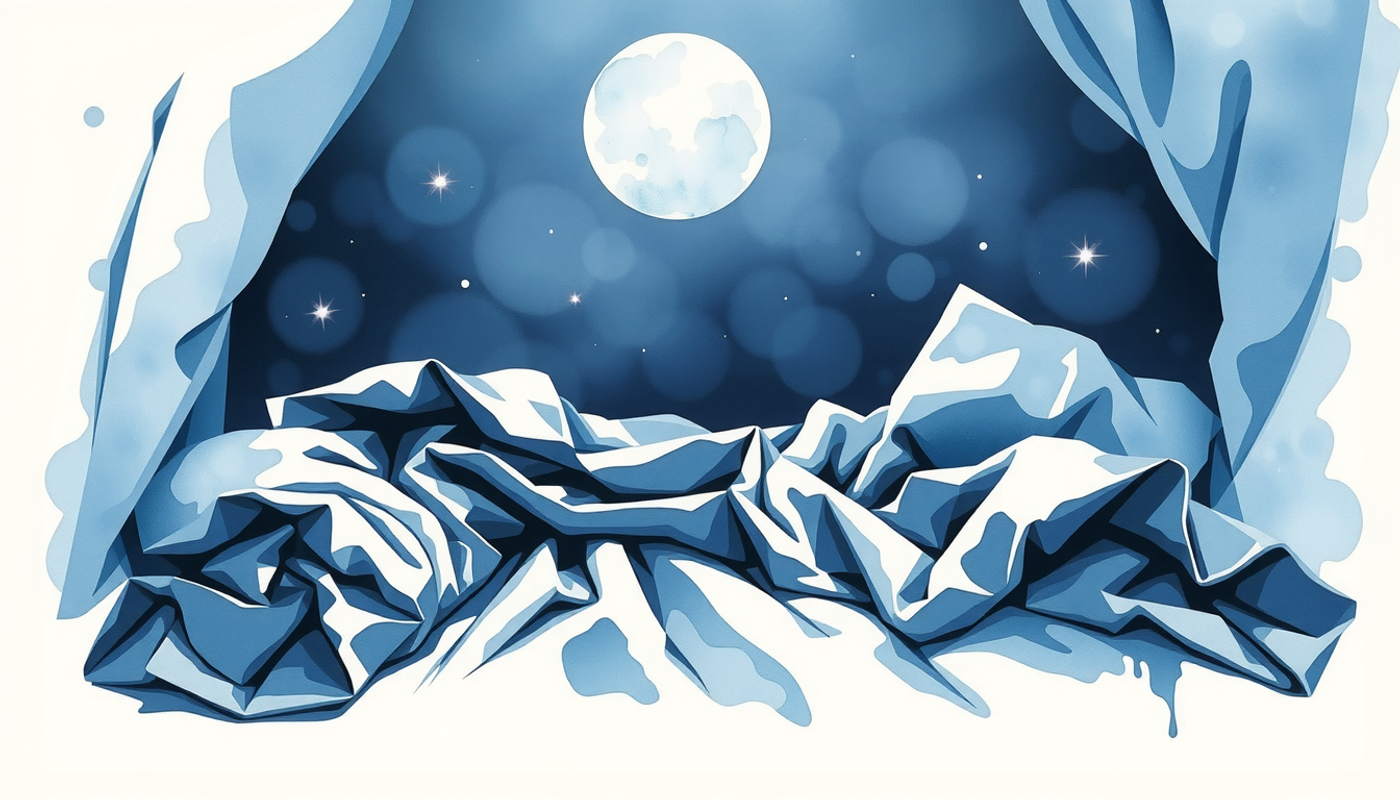 Dark bedroom with unmade bed illuminated by moonlight.