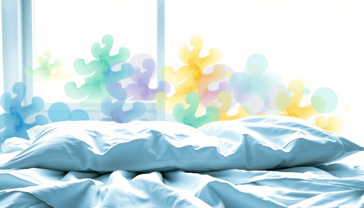 Empty bed with rumpled white sheets in a dimly lit room.