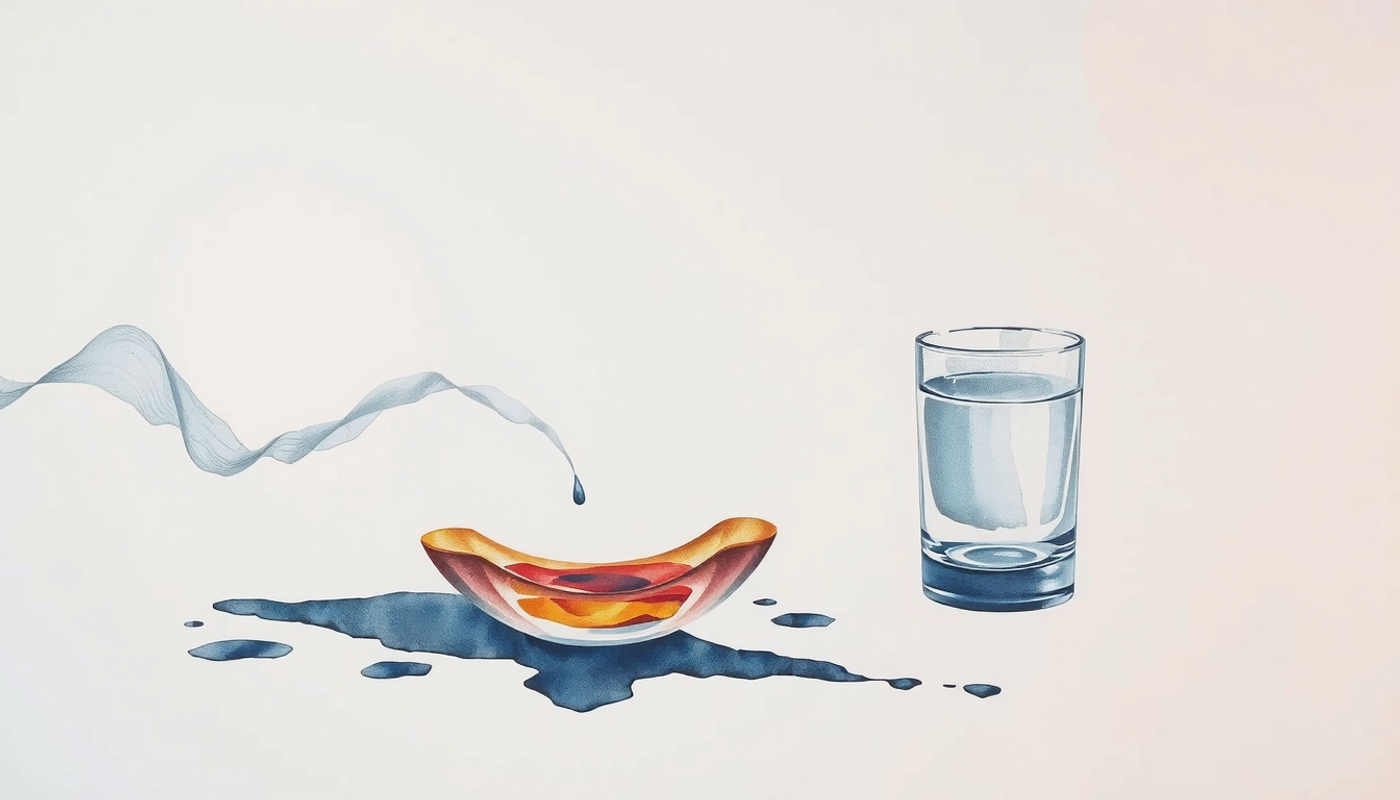 Shallow glass vessel with evaporating liquid on dark surface.